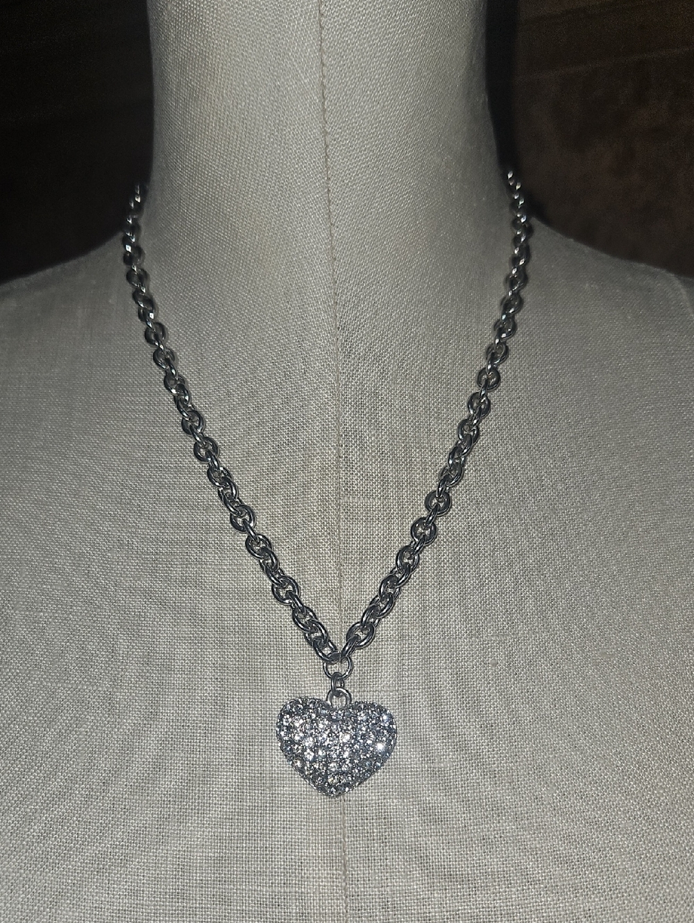 Guess Silver-Tone Pave Crystal Heart Necklace 16" To 19" Length